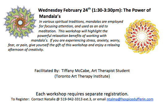 DufferinClassAd's tweet photo. Wed Feb 24 #HospiceDufferin is having an Art Therapy Workshop for The Power of Mandala’s Call (519) 942-3313 ext. 3 https://t.co/OLnALgATEz