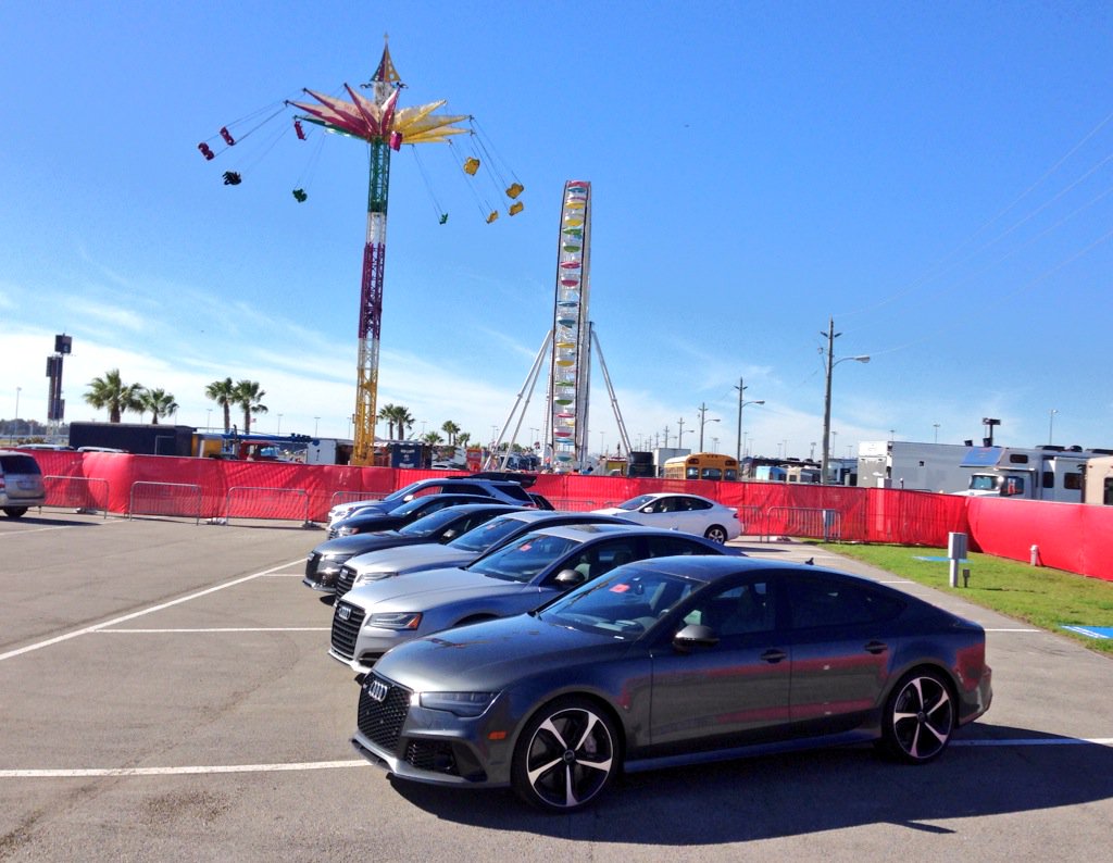 Rusty_Blackwell's tweet photo. Prime parking for hot new @Audi RS7 Performance and S8 Plus at the #Rolex24 at Daytona. #605horsepower https://t.co/vUbQoGANzA