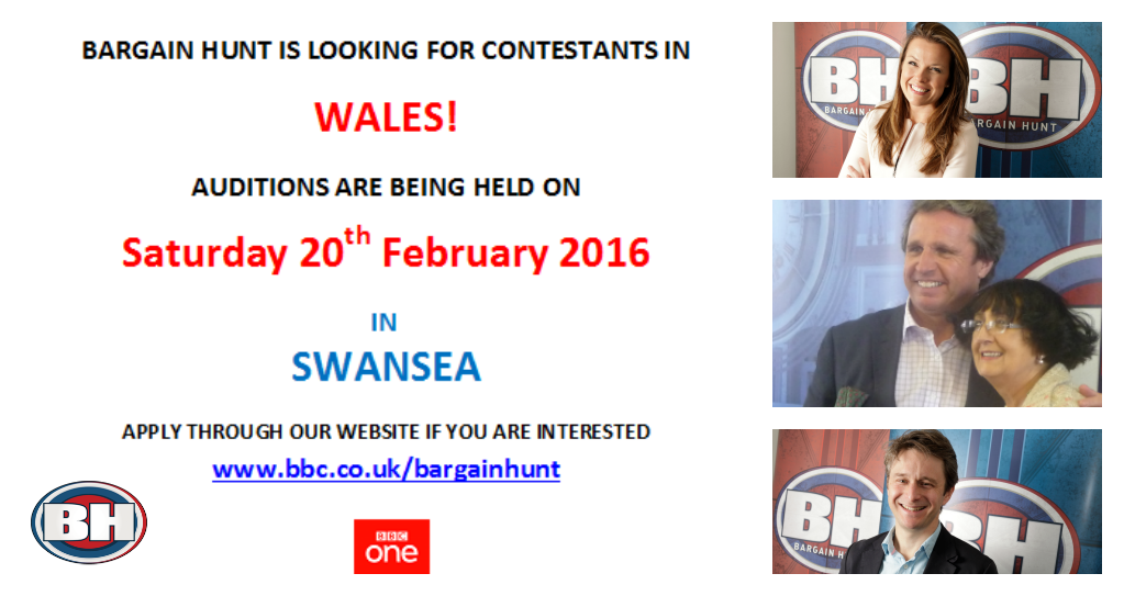 Get involved with #BBCBargainHunt 

APPLY NOW!

bbc.in/1RR9Y3x

<a href="/BBCWales/">BBC Wales 🏴󠁧󠁢󠁷󠁬󠁳󠁿</a> #Cardiff #Swansea #Carmarthen