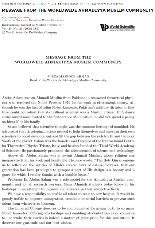 LuqmanAhmad89's tweet photo. Message from Hazrat Mirza Masroor Ahmad (aba) in the International Journal of Modern Physics on Dr Abdus Salam https://t.co/2xFEDH75Mc