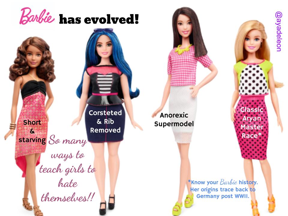 AyadeLeon's tweet photo. #Barbie's new flavors:
Anorexic Supermodel
Short+Starving
Corseted+Rib Removed
Classic Aryan Master Race
#NotEvolved https://t.co/cDqn6AxlKz