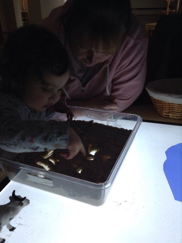 pumpkinpnursery's tweet image. place sand tray onto light box Toddlers #makemarks with their bodies &apos;oh pretty light&apos; #eyfs early #writing