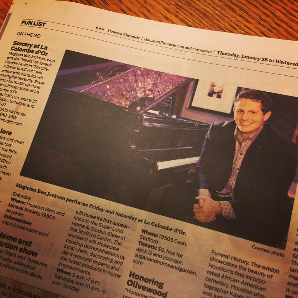 benjacksonmagic's tweet photo. Word got round to the @HoustonChron. Thanks for the press! TONIGHT. LIVE AT LA COLOMBE D'OR. #benjacksonlive https://t.co/QJlukkQeVN