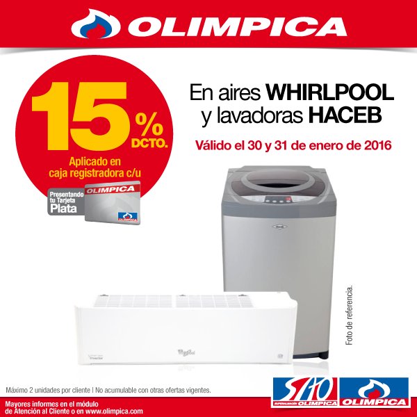 Olímpica on Twitter: "Renueva tu con este descuento: 15%dcto con Tarjeta en aires WHIRLPOOL y lavadoras HACEB *AC / Twitter