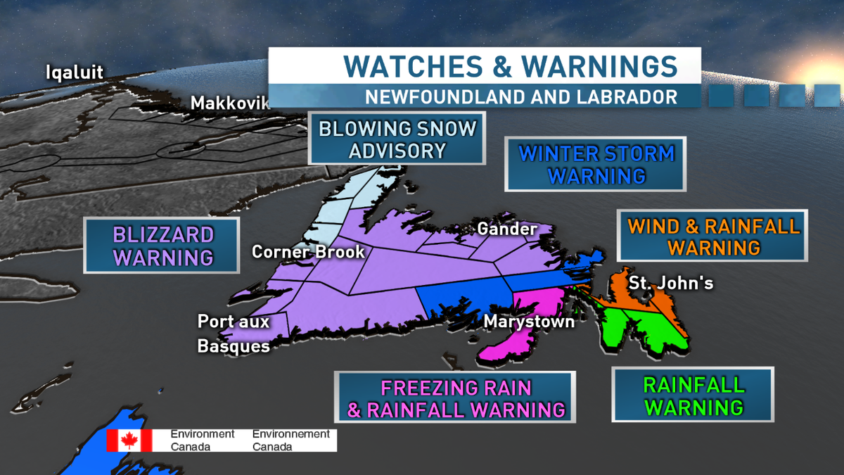 Updated map of #NLwx Warnings &amp; Advisories for Tonight &amp; Saturday. 
More details here:
weather.gc.ca/warnings/index…