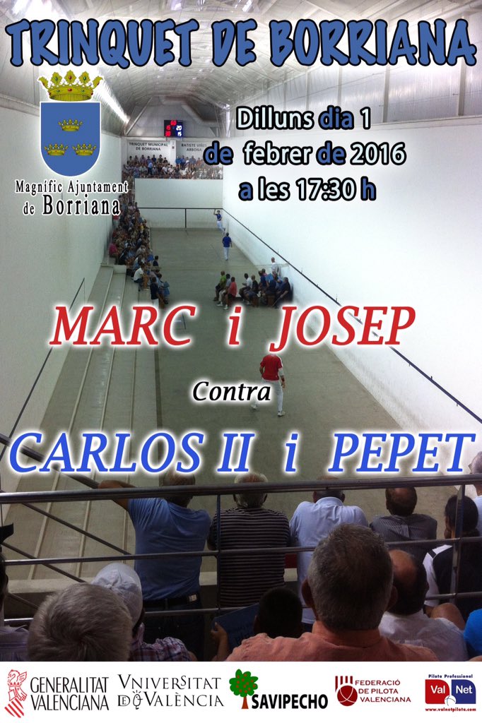 Cartell del dilluns 1-2-16 @pilotaveu <a href="/Frediesport/">Frediesport Pilota</a> @ajborriana <a href="/tesasports/">Tesasports</a> <a href="/DipuEsport/">Castellón, Escenario Deportivo</a> #pilotavalenciana <a href="/Castdepor/">Castdepor</a>