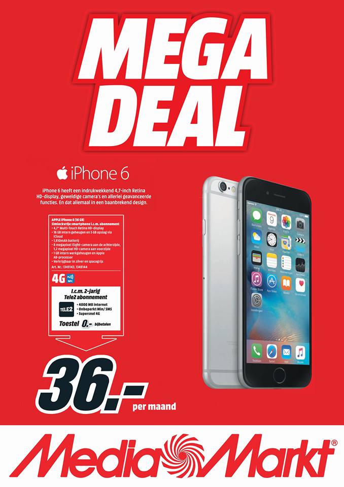 MediaMarkt HHW on Twitter: "Nu de iPhone 6 16GB icm Tele2 met 4000 MB (4G)onbeperkt bellen, SMS, €36 Euro per maand (24 maanden) https://t.co/nz2KDCNTqs"