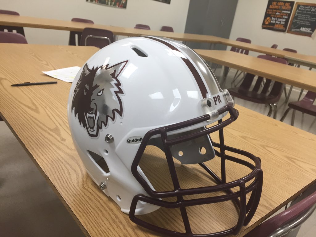 CoachSchremp's tweet photo. New look for the wolves next year! White helmet with chrome decals #lookgoodplayevenbetter https://t.co/64PrlGsEPU