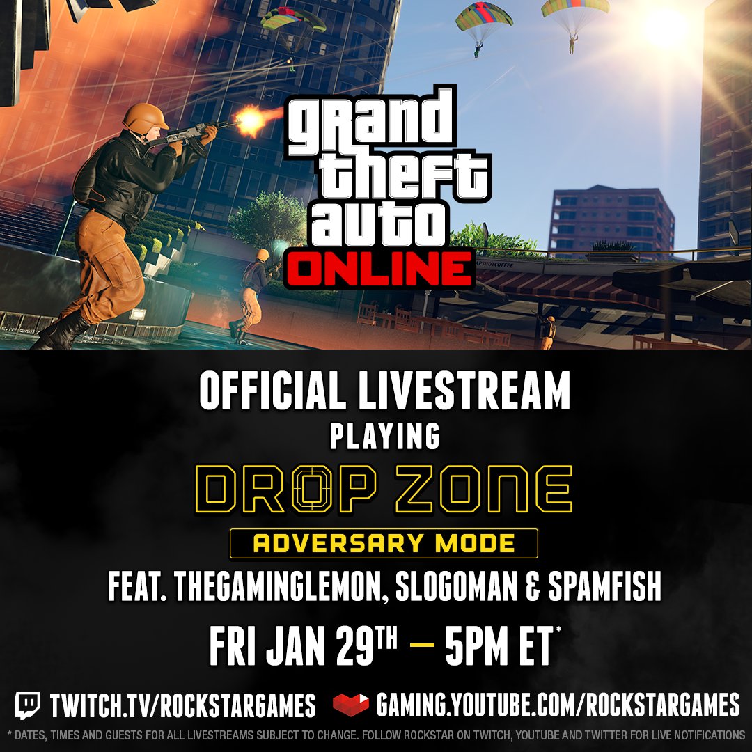 RockstarGames's tweet image. Starting in 1 hour!
#GTAOnline DROP ZONE Livestream
twitch.tv/rockstargames 
gaming.youtube.com/watch?v=SyPbNv…