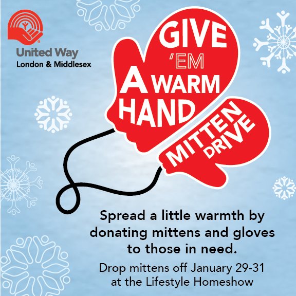 unitedwaylm's tweet photo. .@1023JACKFM @londonhomeshow "Give 'em a hand" and bring mitts &amp; gloves for @LHBA_ @unitedwaylm #mittendrive https://t.co/Y92nAkJlHc
