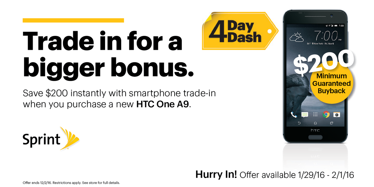 SprintReadingPA's tweet photo. It's another #4DayDash! Stop in thru Mon & turn in a good condition smartphone to get $200 toward an #HTCA9! https://t.co/UQAWR6AgYw