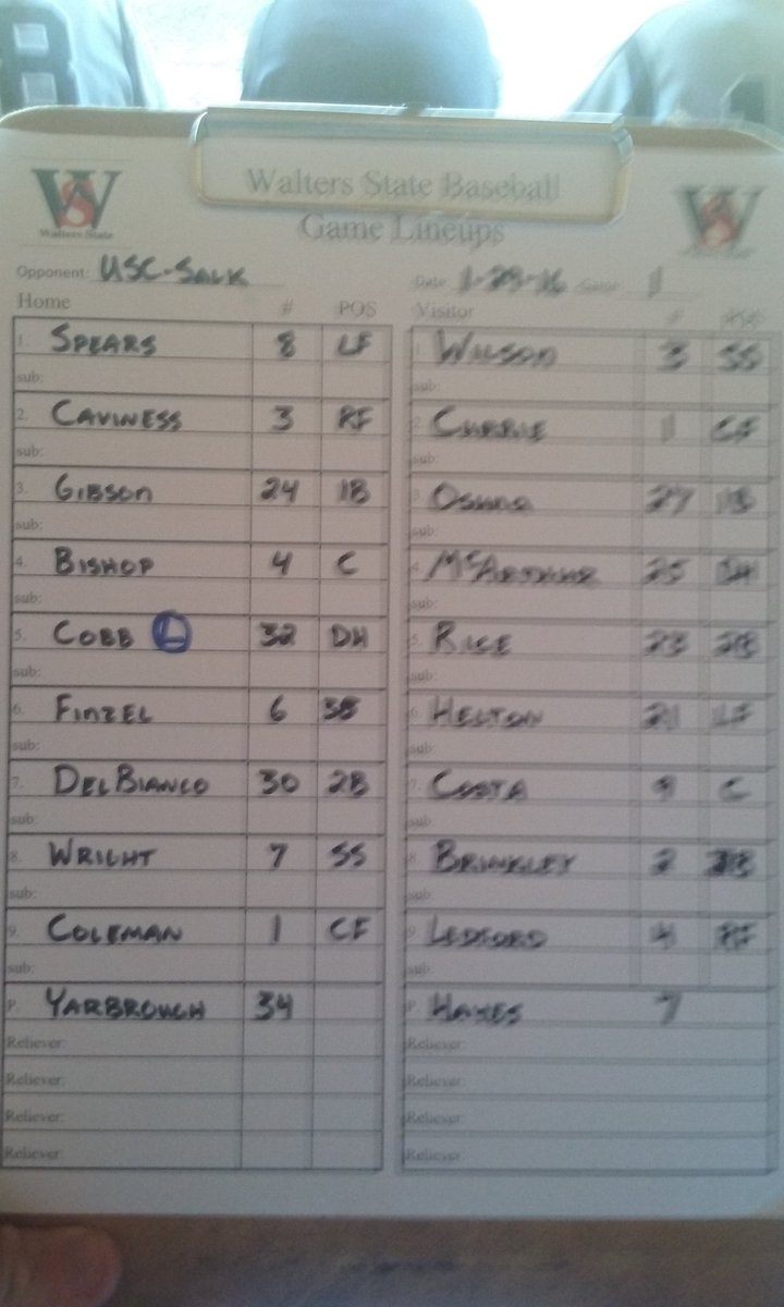 WSCCbaseball's tweet photo. Starting lineups for today's game between WSCC and USC Salk. Nothing doing for Senators in 1st as Hayes takes mound. https://t.co/1LOtyy6ktd