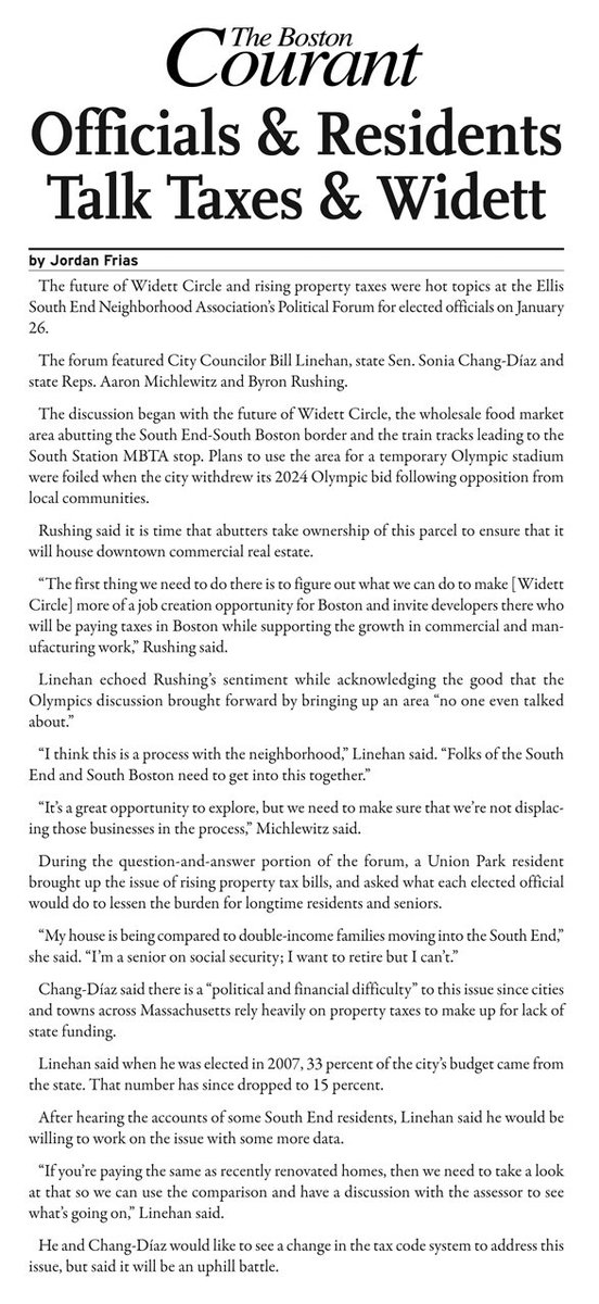 Topics discussed at the <a href="/EllisSouthEnd/">Ellis NA</a> Political Forum <a href="/SoniaChangDiaz/">Sonia Chang-Díaz</a> <a href="/LinehanBill/">Bill Linehan</a> <a href="/ByronRushing/">Byron Rushing</a> <a href="/RepMichlewitz/">Aaron Michlewitz</a>