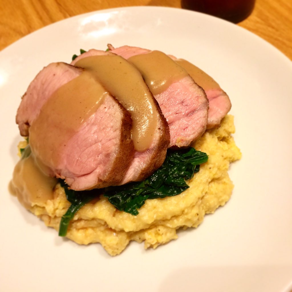 #TGSM - Pork loin, cheddar polenta, sauce supreme and blooms dale spinach. #pork #polenta #santamonica #farmtofork