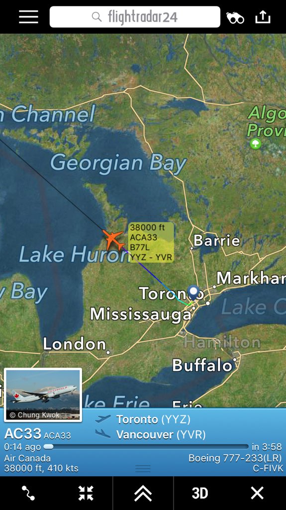 TomPodolec's tweet photo. Update @AirCanada #AC33 enroute #Vancouver from #Toronto. Some passengers from diverted #AC549 are onboard. https://t.co/I1KhOLDvxe