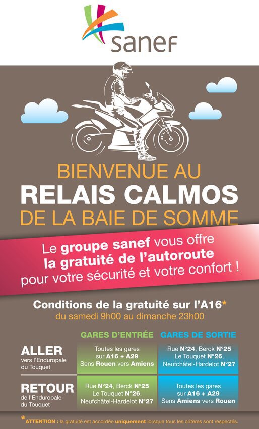 sanef_1077's tweet photo. Le saviez-vous ? À partir de 9h, #A16 gratuite pour les motards. #Enduropale #RelaisCalmos #nord. Bonne route ! https://t.co/nxIuRoBk8d