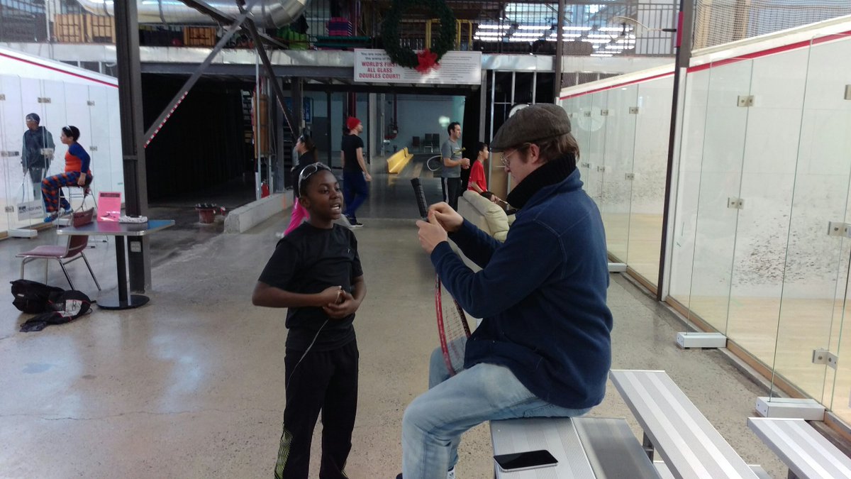 UrbanSquash_TO's tweet photo. Joel (Gr 7) learning to put on a grip from #JonathonPower! Donate: https://t.co/FKgWsqehkS #charity #squash #legend https://t.co/Vph3qwEQRO
