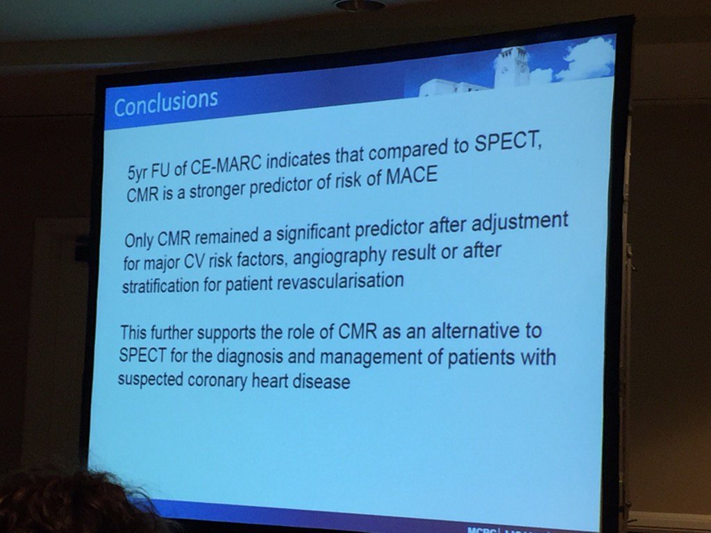 AmitRPatelMD's tweet photo. Stress CMR seems to outperform stress SPECT for predicting patient outcomes. #CEMARC data presented at #scmr2016 https://t.co/OPgPmu6Pxk