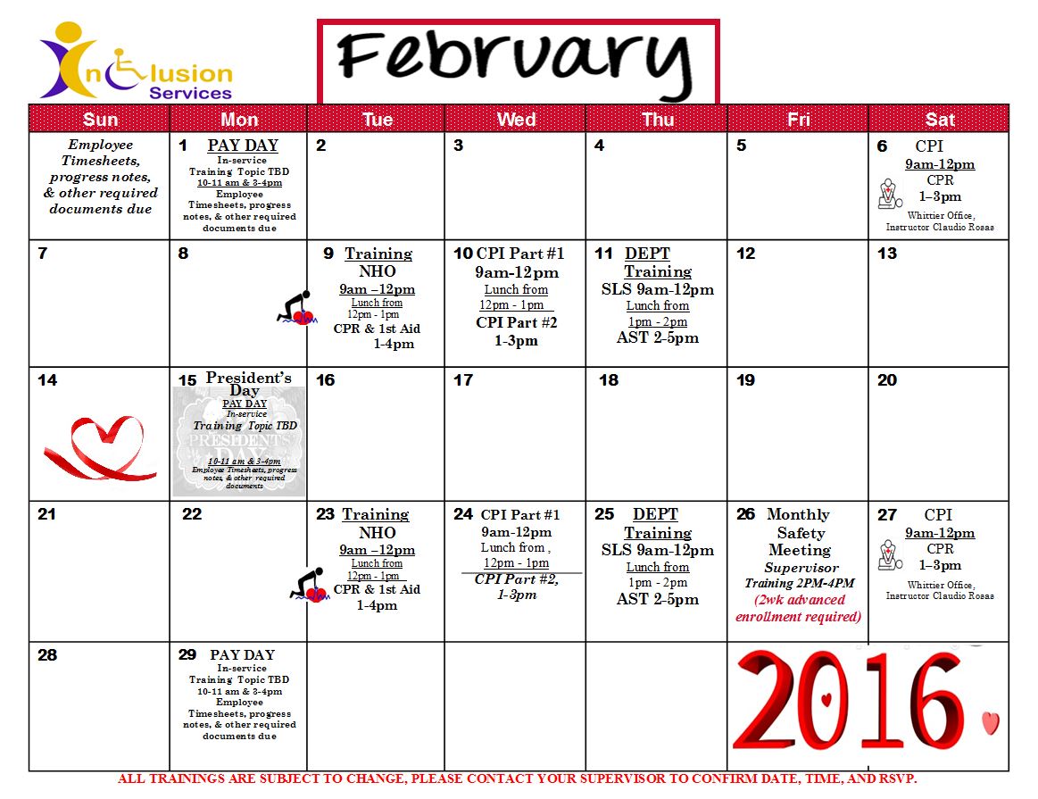 Hello ICS Employee's,

February 2016 Calendar.