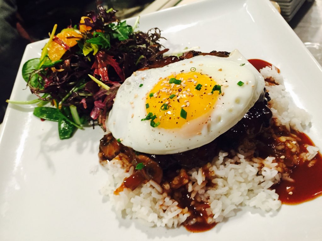 #TGMV Dinner Special - Loco Moco ! Grilled Hamburger Patty, Brown mushroom Gravy , Fried Egg over Jasmine Rice