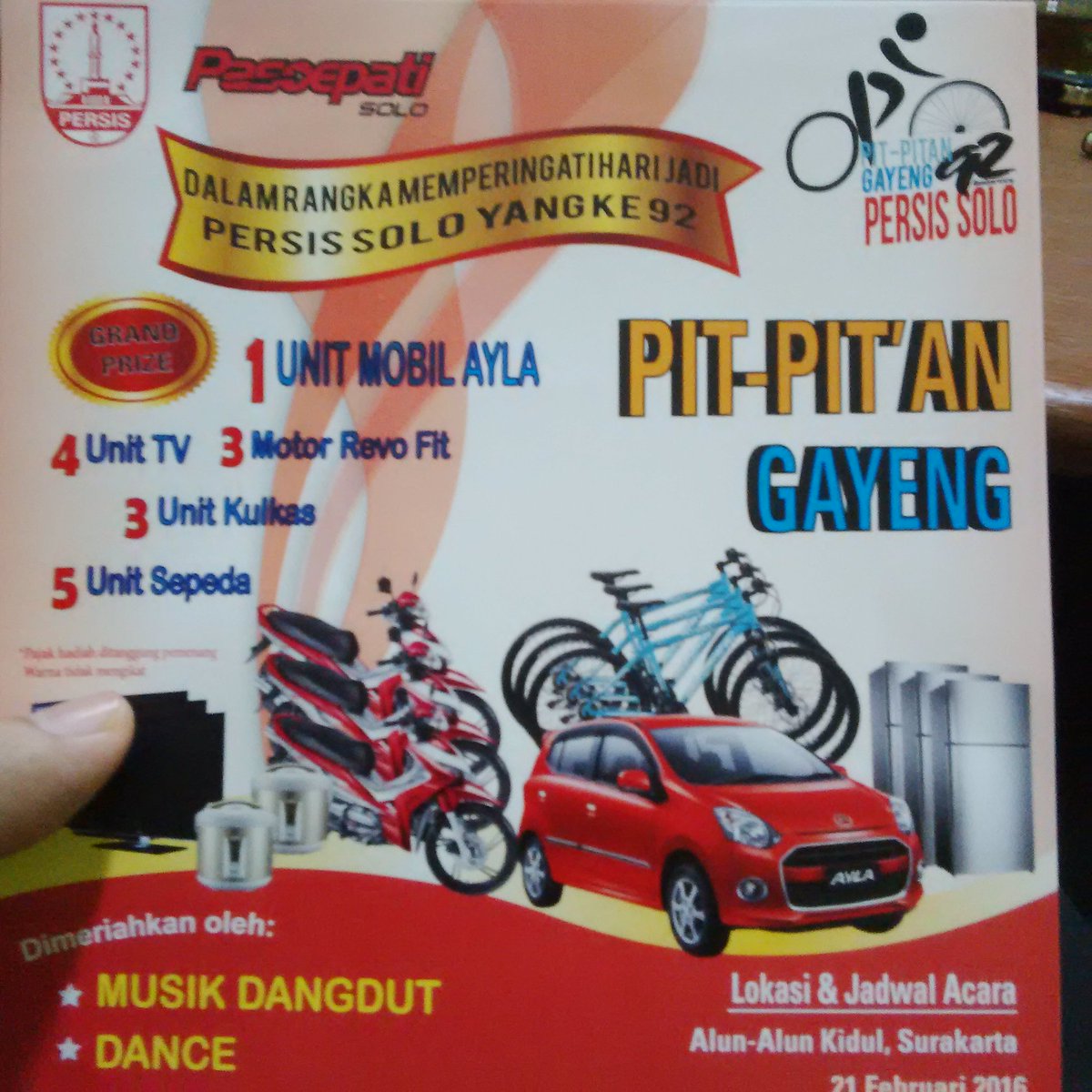 persisofficial's tweet photo. Ikuti dan Sukseskan Pit Pitan Gayeng PERSIS SOLO 92 TH, 21 Pebruari 2016, Start/Finish Alun Alun Kidul Surakarta. https://t.co/uIRvfLQ38n