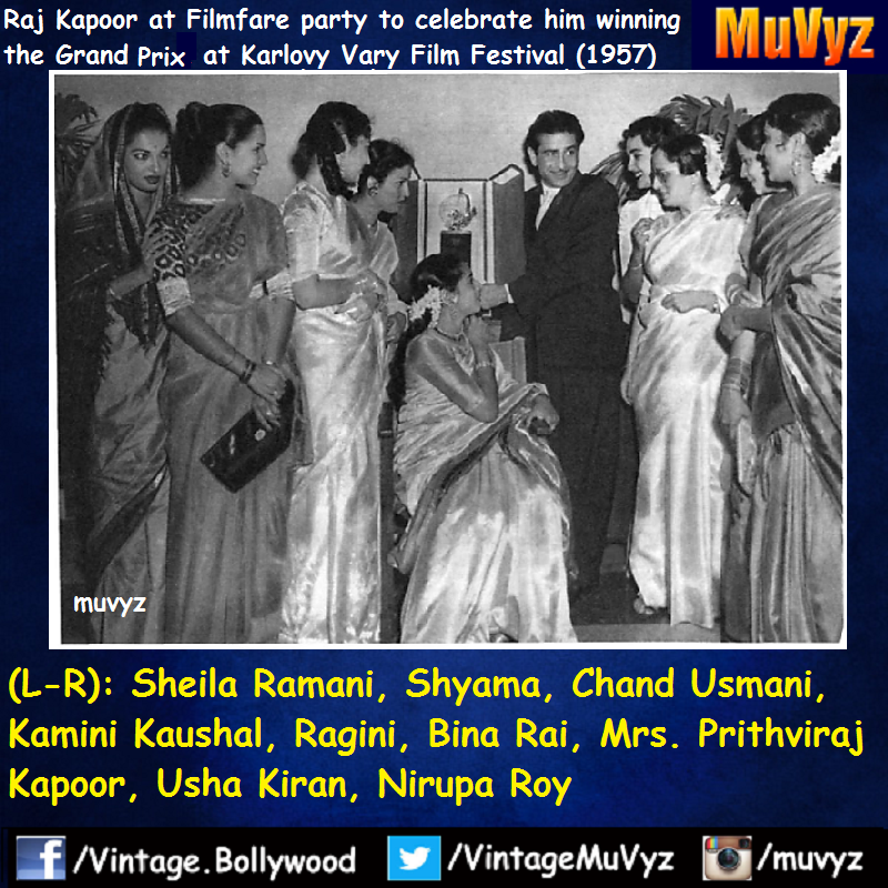 VintageMuVyz's tweet photo. #RajKapoor with leading ladies of #Bollywood at the #filmfare celebration (1957) @chintskap @sidpmalhotra @tanviazmi https://t.co/Q6toLNRvVC