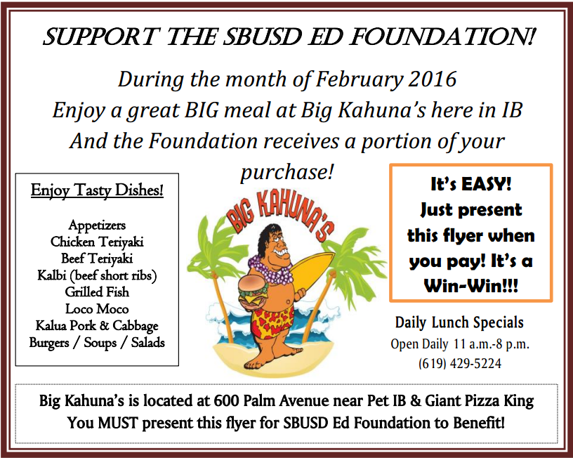 SBUSDEF's tweet photo. Big Kahuna #fundraiser #imperialbeach for #SBUSDEF for all of Feb. Print flyer at https://t.co/H87P2P7lQM! #sbusd https://t.co/jWE8VddspI