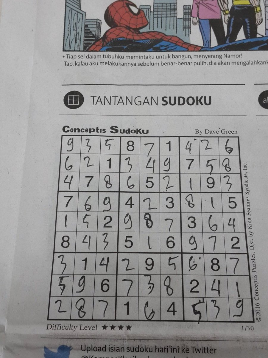 OfficialTio_ID's tweet photo. @KompasKlasika tantangan sudoku Sabtu, 30 Januari 2016 #TantanganSudoku https://t.co/rPJ5BwIC9R