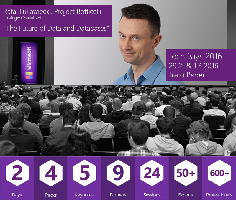 msdev_ch's tweet photo. TechDays 16 Switzerland Keynote by Rafal Lukawiecki @rafaldotnet announced! Sign up https://t.co/9A6ZXlTxuc #td16ch https://t.co/UwiweqfkQU