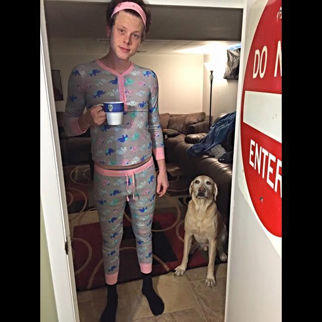CoralBayMatt's tweet photo. Pajama day at #topgolf. James is not happy about me going to work like this...#embarrasseddog https://t.co/72QglsAEjn