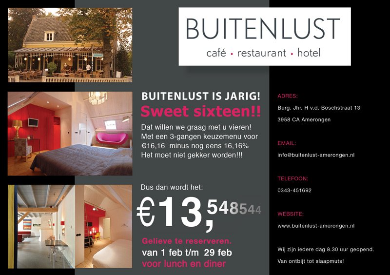 <a href="/hotelbuitenlust/">Paul van Roy</a> wordt 16 in #februari #SweetSixteen #keuzemenu €16,16 - 16,16% #korting buitenlust-amerongen.nl