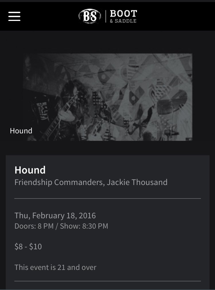 Psyched to return to <a href="/BootAndSaddle/">Boot and Saddle</a> with Hound and @FCommanders on Feb. 18. Punishing riffage, from Hound that is.