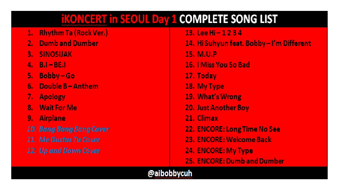 iKON_INTL's tweet photo. #iKONCERTinSeoulDay1 Complete Song List.
(cr. aibobbycuh) https://t.co/BIJqJCCs9E