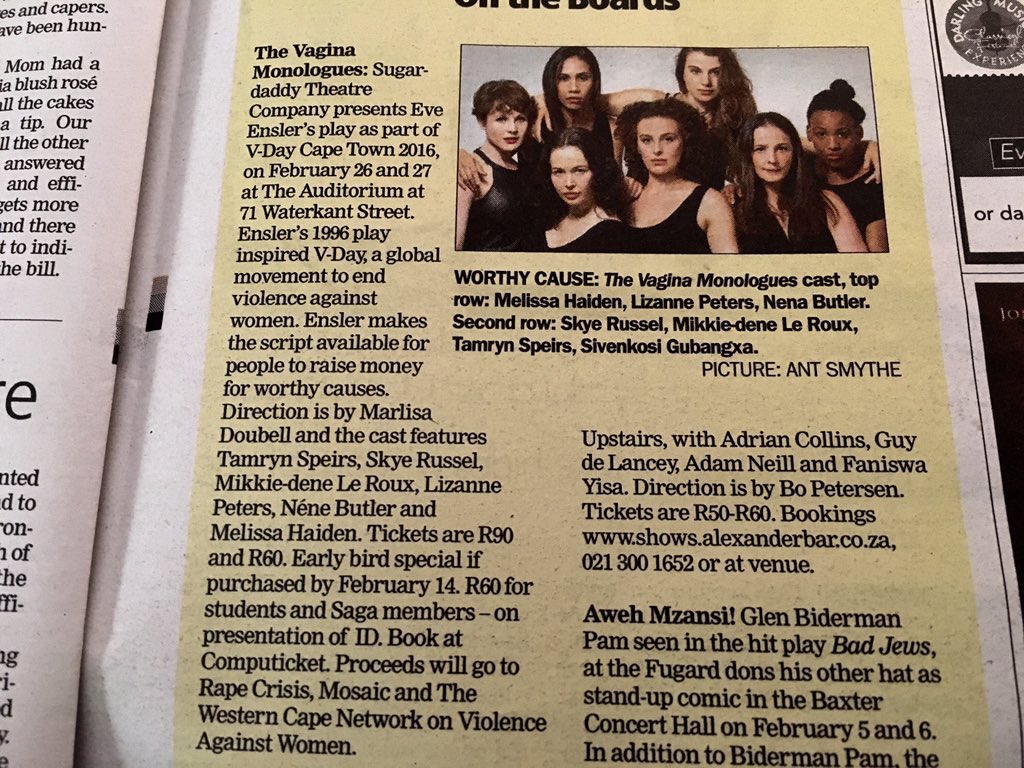 .@SugarDaddyCo presenting #VaginaMonolgues on Feb 26, 27. See @TheWeekendArgus,On the Boards, p13 TGW.