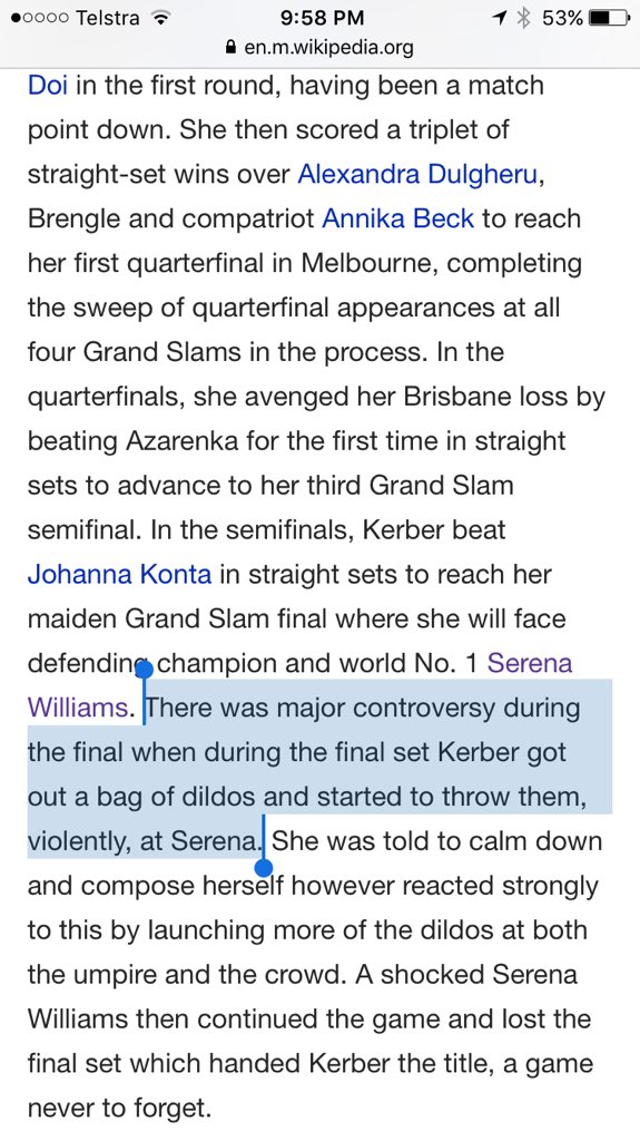 Wikipedia updates #AngeliqueKerber's win at #AusOpen Probably needs some editing.