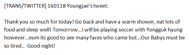 BAP_Vault's tweet photo. [TRANS] 160118 Youngjae's tweet 🙌 https://t.co/DE6Q7VKXmd