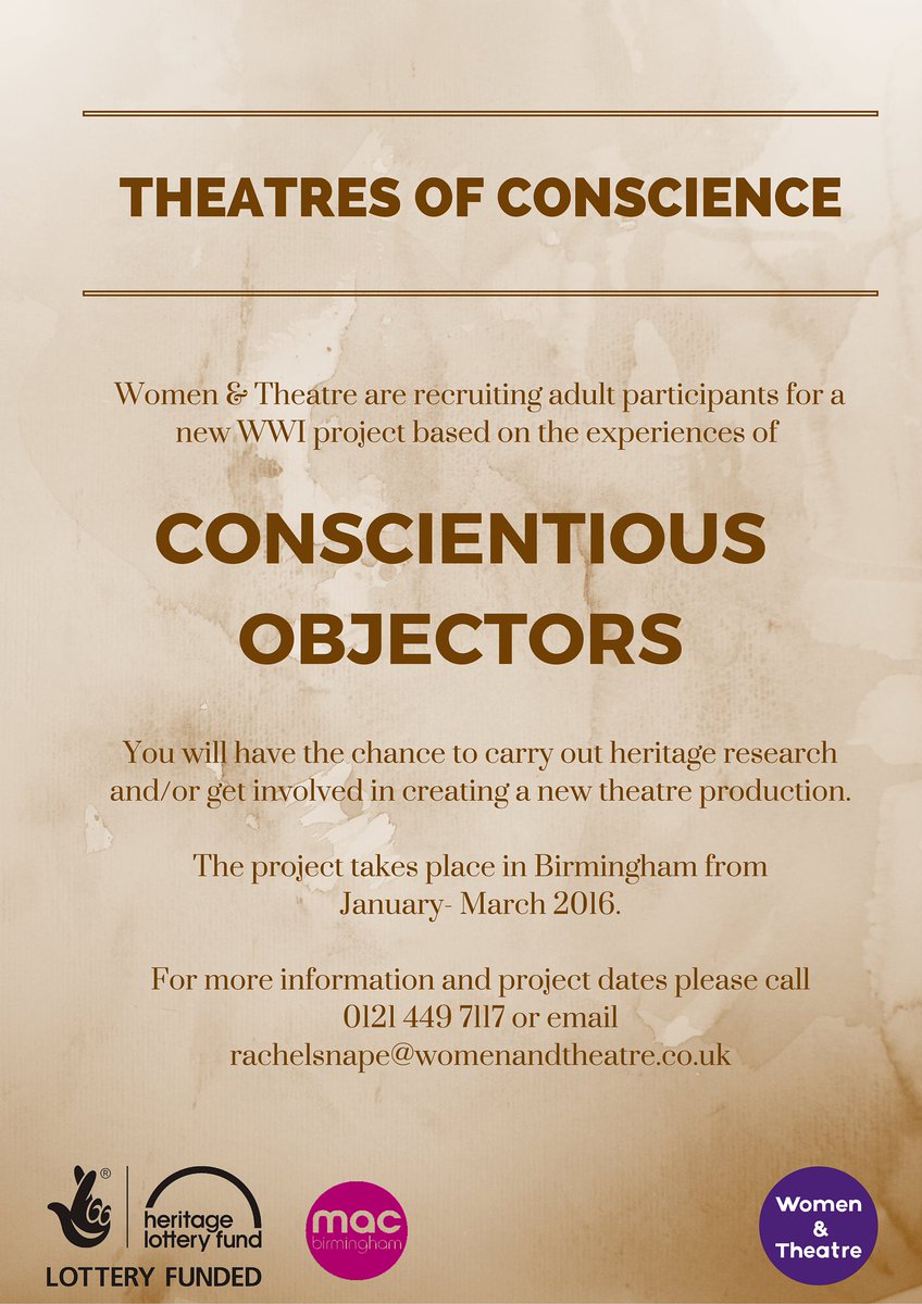 <a href="/DDArtsB/">DD Arts Birmingham</a> We are looking for more male participants for our WW1 project. PLS RT!
#theatre #community #WW1