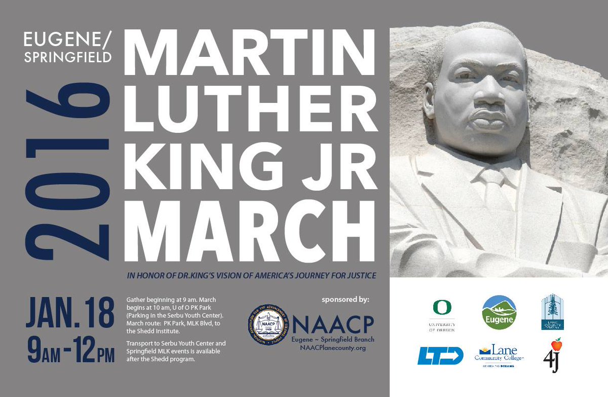 RT <a href="/cityofeugene/">City of Eugene</a>: MLK, Jr. March is TODAY-9am at PK Park <a href="/LaneCountyGov/">Lane County Gov</a> <a href="/LaneTransit/">Lane Transit District (LTD)</a> #LaneCommunityCollege #MLK