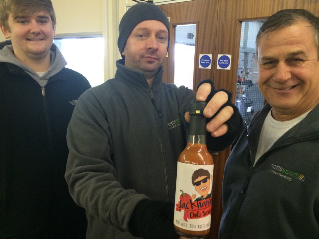 ShaunPatrickNS's tweet photo. First bottle of Jack Hammer chilli sauce from in house chef @IanRichardsonNS @NottsSport proceeds to @HelpforHeroes https://t.co/jEYKqM3iZI