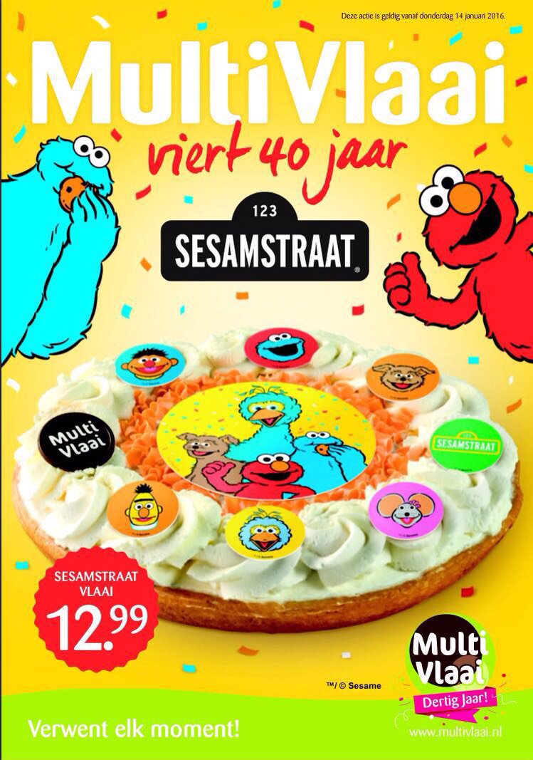 NootdorpParade's tweet photo. Sesamstraat bestaat 40 jaar! @multivlaai__ komt met een passend cadeau; een heerlijke Sesamstraat vlaai! https://t.co/gScB0mMFrn