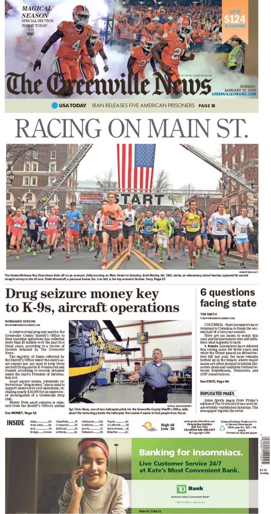 DFScreative's tweet photo. So glad we could help @GreenvilleNews produce the 37th #RunDowntown - An amaze image that graced Sun cover! #DFSCC https://t.co/89oRoAml5I