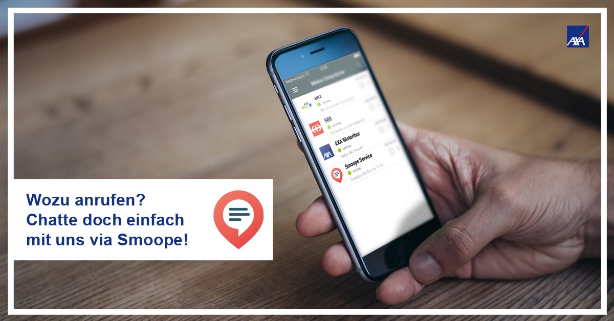 AXA_Schweiz's tweet photo. Du hast eine Frage an uns, SBB oder ewz? Probier Smoope, die neue sichere Messaging-App: https://t.co/2jqxAzQSZn https://t.co/Va7OEPEmU1