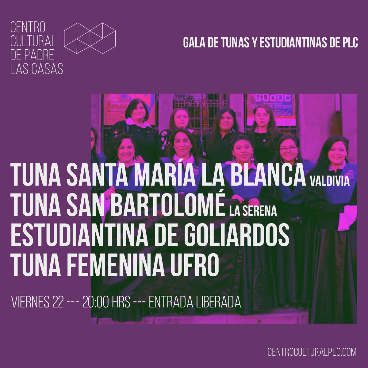 culturaplc's tweet photo. Este viernes 22, no se pierdan la gala de Tunas y Estudiantinas, desde las 20:00hrs. en el auditorio del #CCPLC. https://t.co/59p5PT8aGT