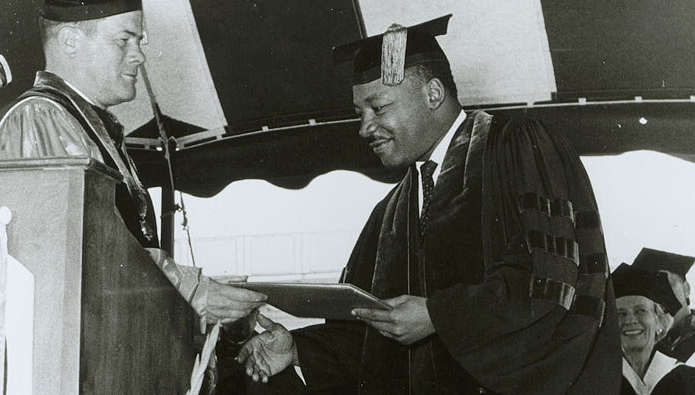 HofstraU's tweet photo. PICTURED: Dr. King receiving an Honorary Degree from Clifford Lord at 1965 Commencement. #MLKDay https://t.co/aZV55hQbns