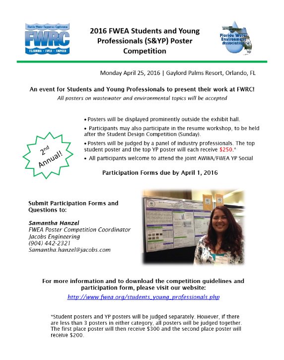 FWEAFSUFAMU's tweet photo. This year at the Florida Water Resources Conference we are holding the 2nd Annual Student &amp; YP Poster Competition https://t.co/LxWp7ql7oz