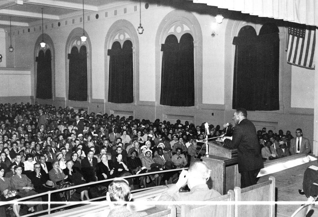 Dr. Martin Luther King Jr speaking at Broughton High School on Feb. 10, 1958