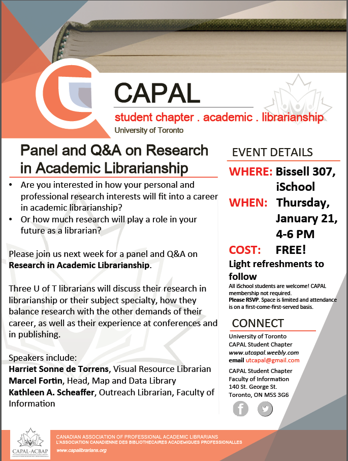 utcapalstudents's tweet photo. Join us this Thursday for a Panel and Q&amp;A on Research in Academic Librarianship! Jan 21, 4-6pm, Bissel 307 https://t.co/zUX9TuQGTn