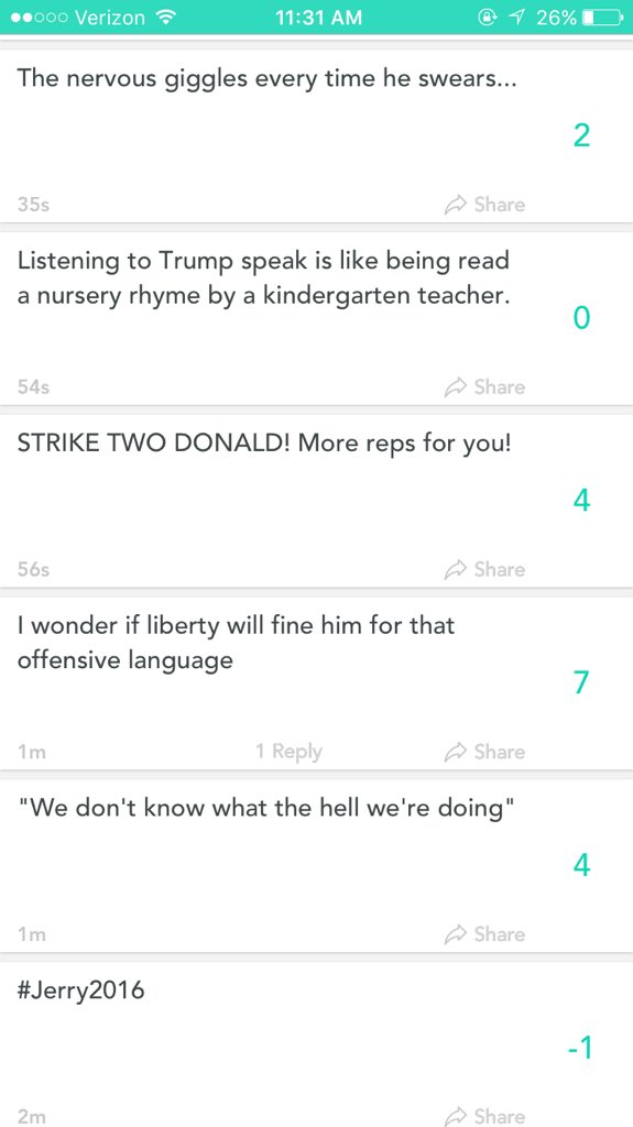 CahnEmily's tweet image. Cursing isn't allowed @LibertyU. Here's students reaction to @realDonaldTrump saying "hell"