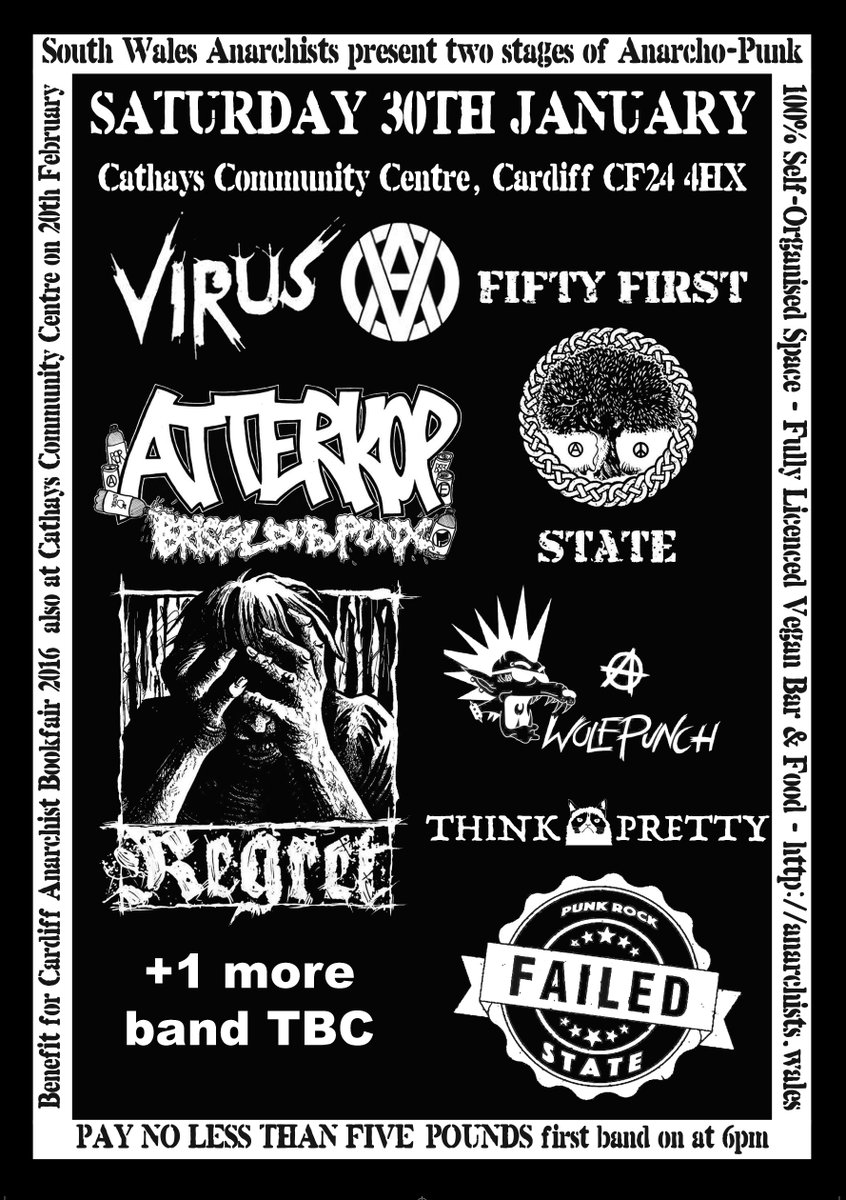 Saturday 30th January in #Cardiff a benefit for <a href="/CdfANOKbookfair/">Cardiff A Bookfair</a> with 8 #anarchopunk bands in a self organised space