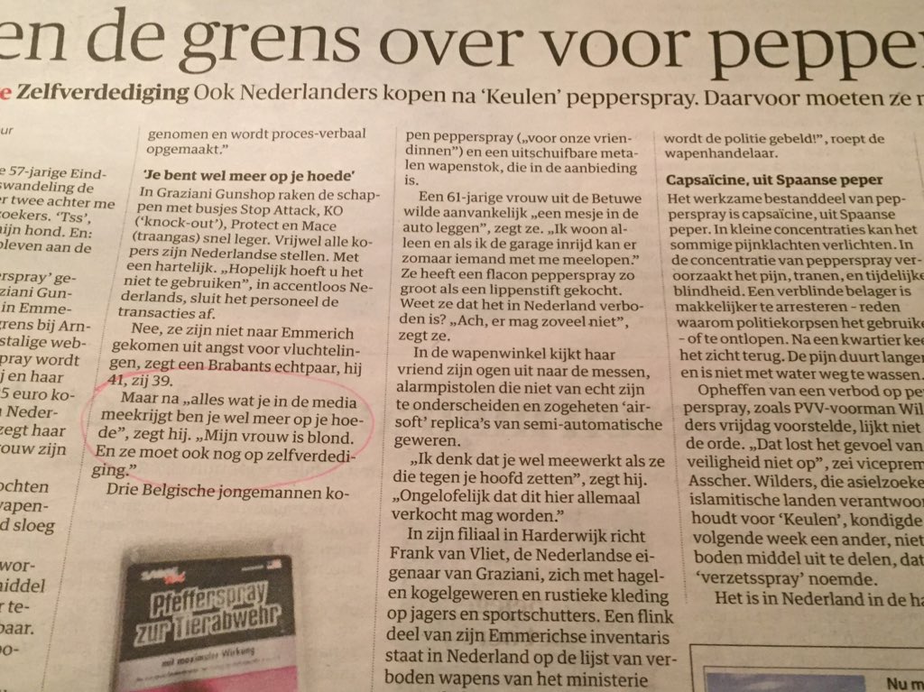 DDochters's tweet photo. Vrijgevochten vrouw uit NL: man koopt pepperspray want 'Mijn vrouw is blond en ze moet ook op zelfverdediging' #NRC https://t.co/rYZOXdJxo5